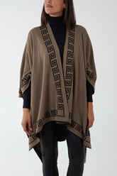 Black/Mocha Reversible Geometric Trim Fine Knitted Cape For Women ONE SIZE - Dropwear